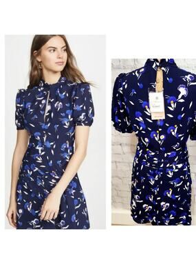 Sellf Portrait botanical printed mini dress Sz 8 short sleeve navy cocktail A15C